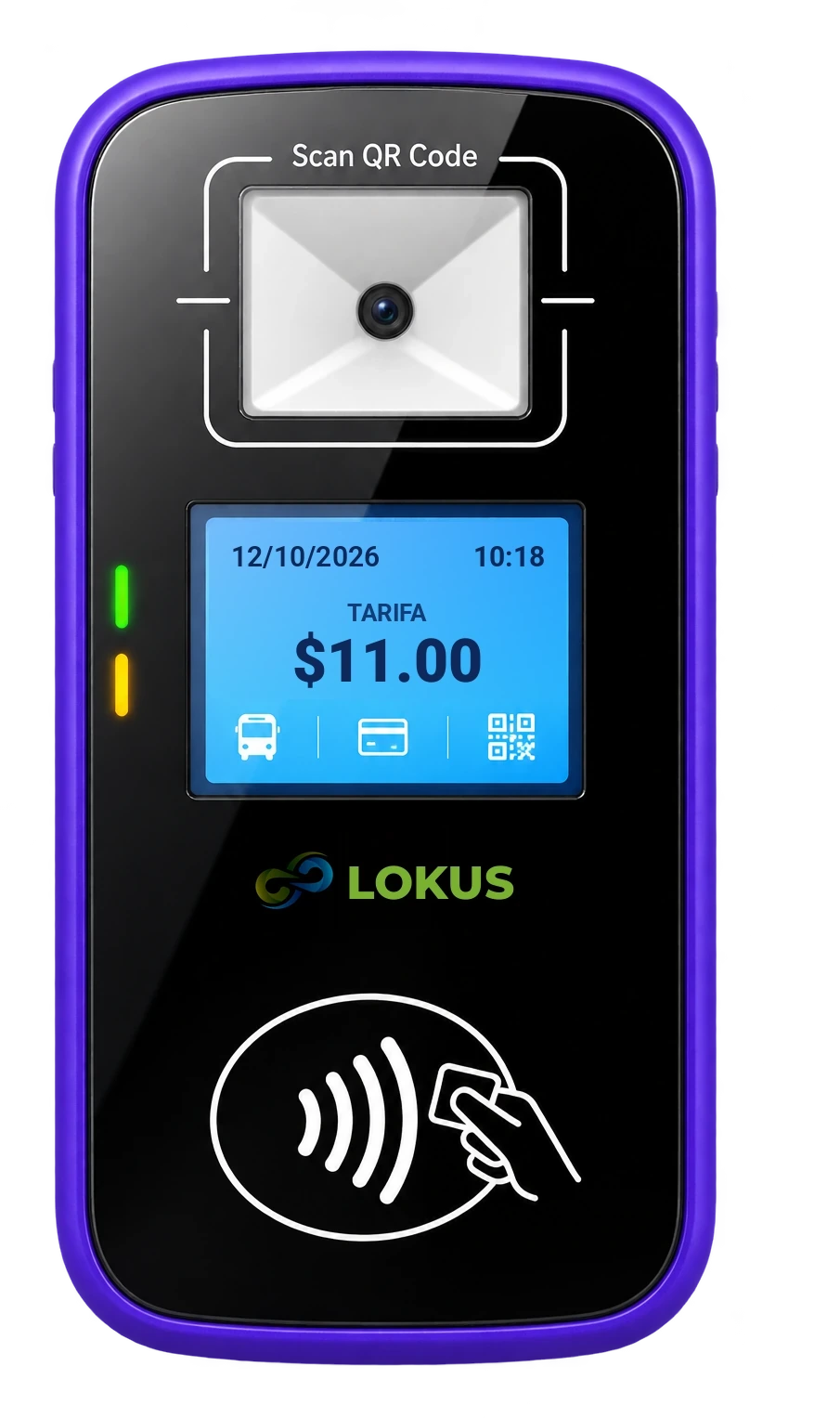 Validador de abordo LOKUS con lector QR, pantalla y zona de pago sin contacto